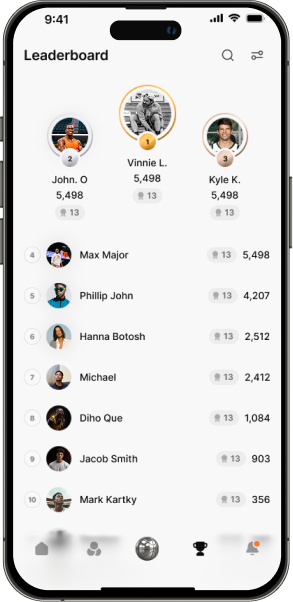 Pickup app leaderboard ranking hoopers by points, with the top three on gold, silver and bronze rings